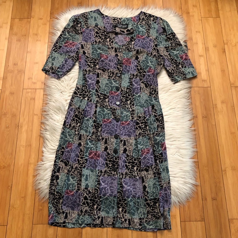 Vintage 70s All That Jazz Marble Patchwork Abstract Button Multicolor Dress M